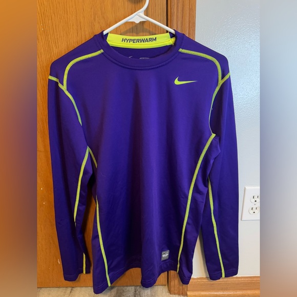 NIKE PRO COMBAT Hyper Warm fitted Dri-fit MED purple w yellow trim - Picture 1 of 5